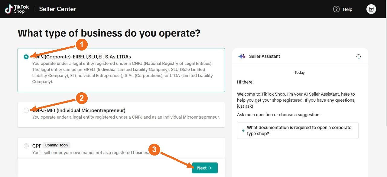 Tela 'What type of business do you operate?' com seta 1 na opção CNPJ corporativo, seta 2 em CNPJ-MEI e seta 3 no botão Next.