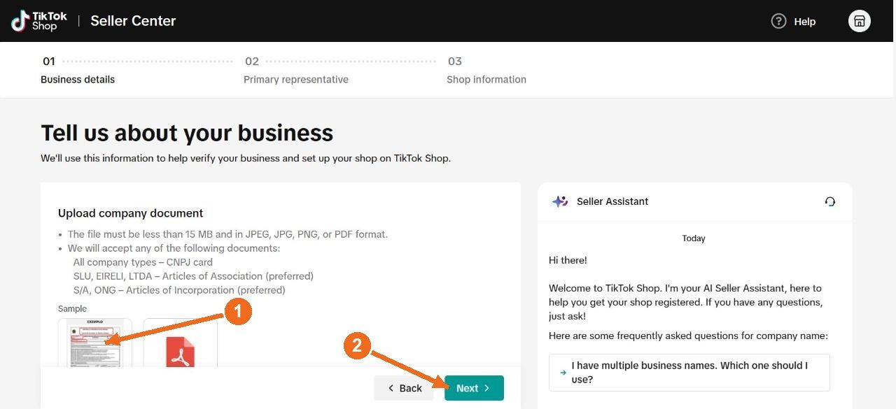 Tela 'Tell us about your business' com seta 1 na área de envio do documento da empresa e seta 2 no botão Next.