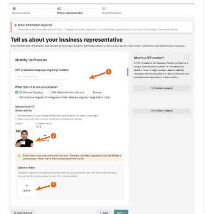 Tela 'Tell us about your business representative' com seta 1 no campo de CPF, seta 2 no envio da selfie com documento e seta 3 no envio do vídeo.